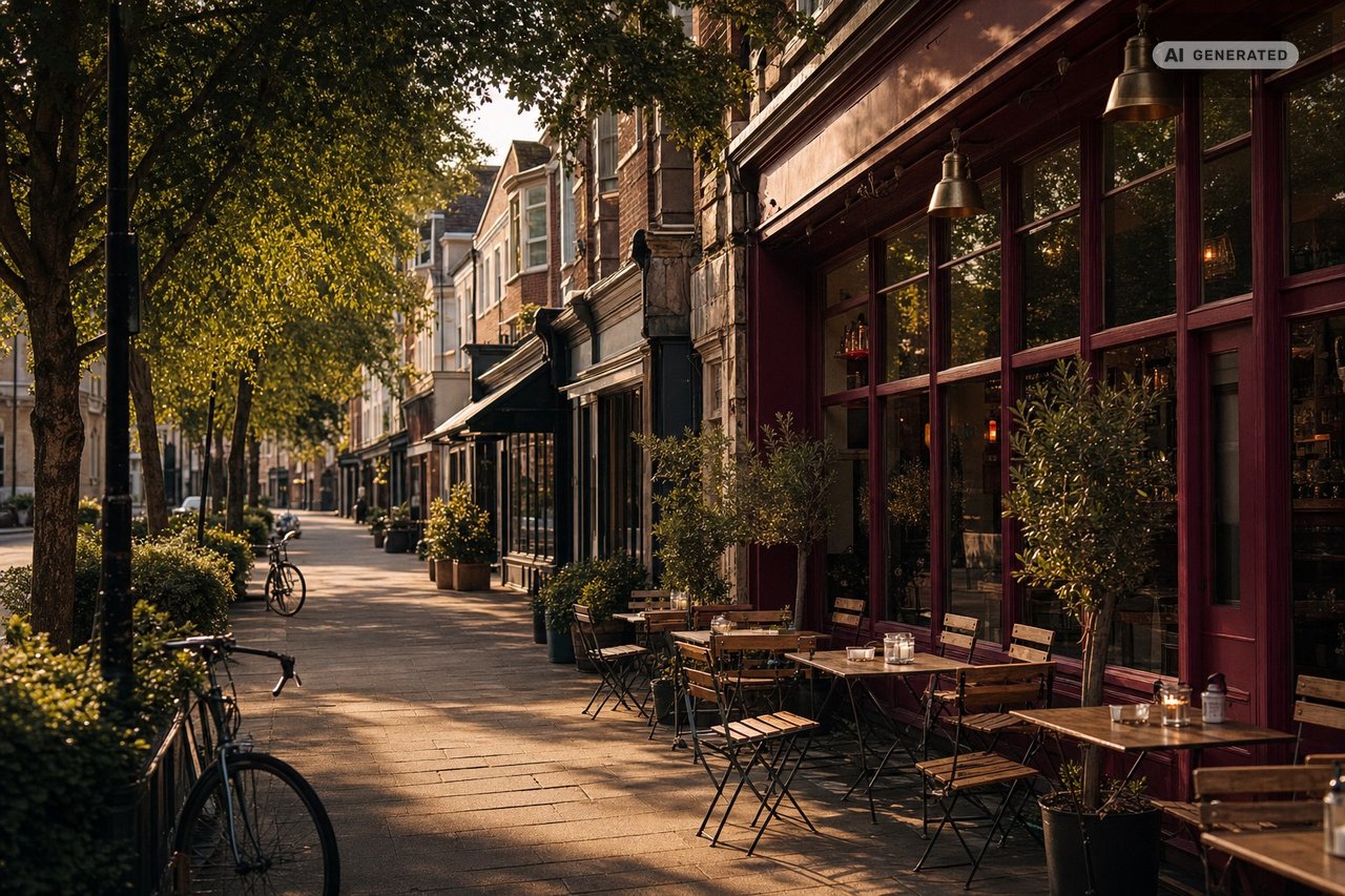 A relaxed daytime high street with independent café frontages and a bicycle parked outside (AI-generated image)