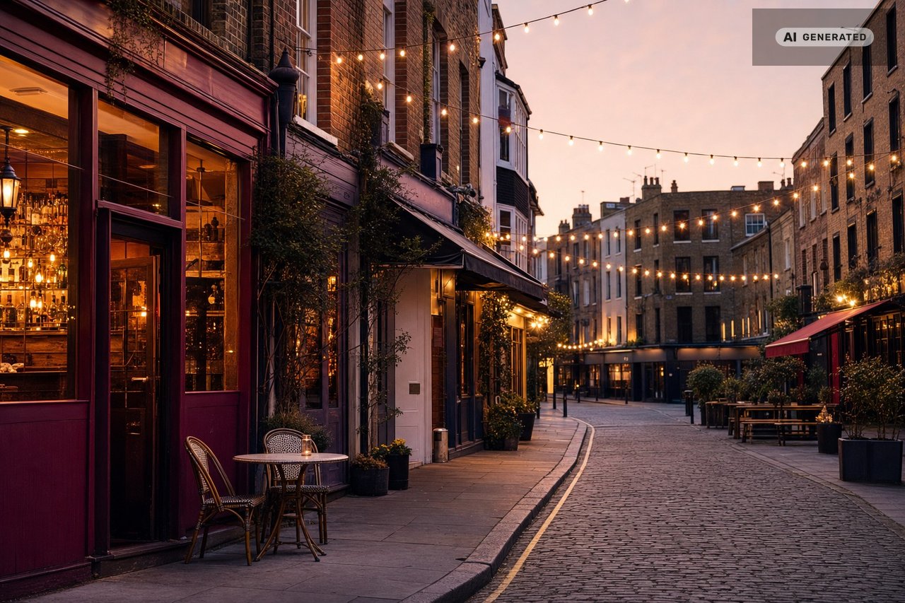 A warmly lit independent restaurant and bar street at dusk, string lights overhead and diners at outdoor tables (AI-generated image)