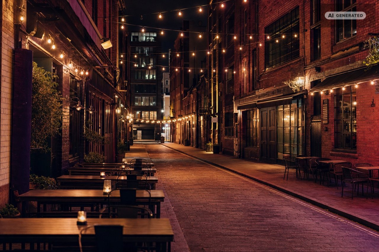 A busy inner-city dining and bar street at night, converted red-brick warehouses lit with string lights (AI-generated image)