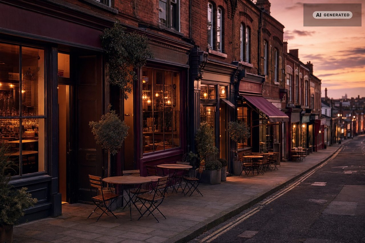 Red-brick terraced restaurant and bar frontages glowing warm at dusk on a Sheffield street (AI-generated image)
