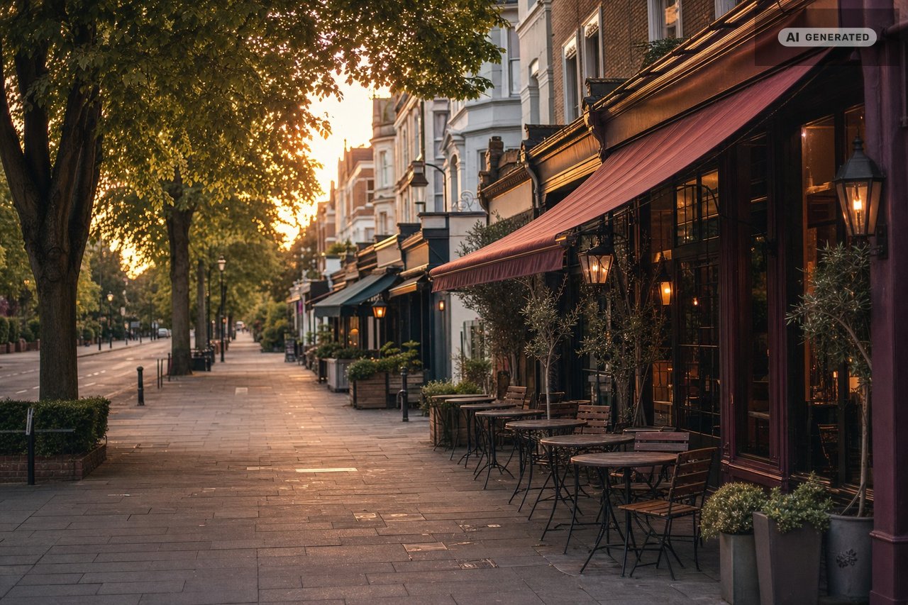 A tree-lined suburban avenue with independent restaurants and bars under string lights at dusk (AI-generated image)